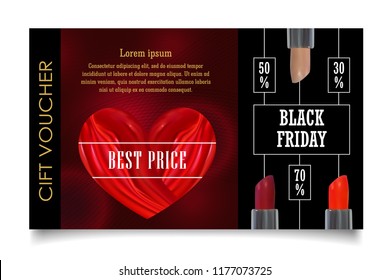 Lipstick - woman's gift. Red Smear in heart shape, different lipsticks color set - realistic vector. Gift coupon discount - black friday. Stylish dark Sale flyer - cosmetic shops template design