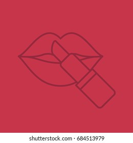 Lipstick with woman's lips linear icon. Thin line outline symbols on color background. Vector illustration