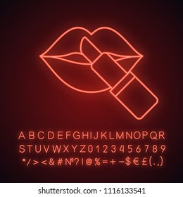 Lipstick with woman's lips neon light icon. Glowing sign with alphabet, numbers and symbols. Vector isolated illustration