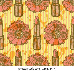 Lipstick and zinnia sketch, vector retro background