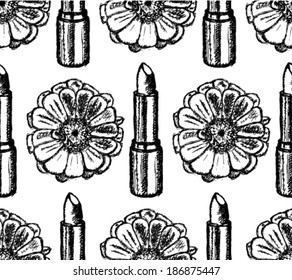 Lipstick and zinnia sketch, vector retro background