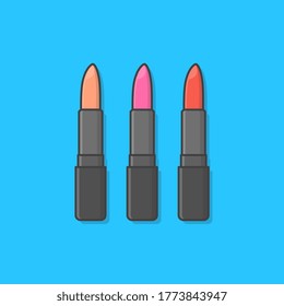Lipsticks In Different Color Vector Icon Illustration. Make Up Beauty Product. Lipstick Packaging Icon