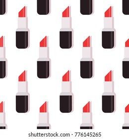 Lipsticks icons, hand drawn background. Colorful seamless pattern vector with women's cosmetics. Decorative wallpaper, good for printing. Flat style