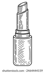 Lipsticks line art. Face makeup. Decorative cosmetics. Open tube. Hand drawn vector sketch illustration.