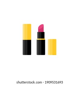 Lipsticks pink color. Vector flat illustration. Matte lipstick. Makeup cosmetic products. Lipstick in black and yellow packaging on white background.