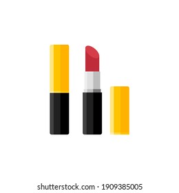 Lipsticks red colors. Vector flat illustration. Matte lipstick. Makeup cosmetic products. Lipstick in black and yellow packaging on white background.