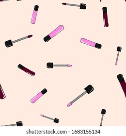 Lipsticks seamless pattern. Hand drawn colorful cosmetic elements. Decorative vector illustration for beauty salon, makeup and visage.