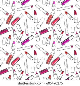 Lipsticks seamless pattern. Hand drawn colorful cosmetic elements. Decorative vector illustration for beauty salon, makeup and visage. 