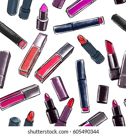 Lipsticks seamless pattern. Hand drawn colorful cosmetic elements. Decorative vector illustration for beauty salon, makeup and visage. 