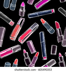Lipsticks seamless pattern. Hand drawn colorful cosmetic elements. Decorative vector illustration for beauty salon, makeup and visage. 