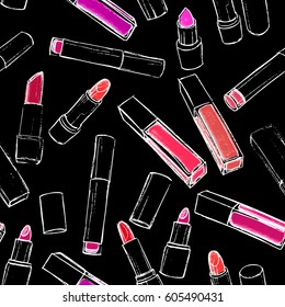 Lipsticks seamless pattern. Hand drawn colorful cosmetic elements. Decorative vector illustration for beauty salon, makeup and visage. 