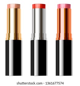 Lipstik Vector Mockup Set. Lipgloss Cosmetic Paint. Colorful Fashion Lip Stick Collection Isolated. Pink Color Woman Shiny Glamour. Gold, Silver, Bronse Cosmetic Tube. Elegant Make up Design.