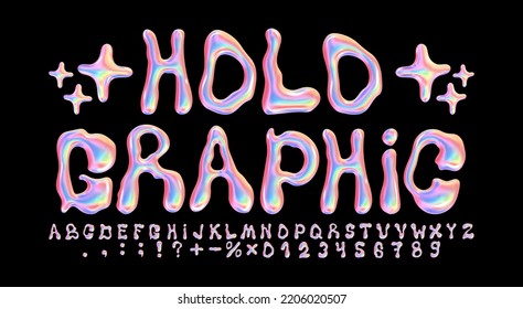 Liqud holo font. Iridescent alphabet, holographic numbers and melted letters 3D vector set - Shutterstock ID 2206020507