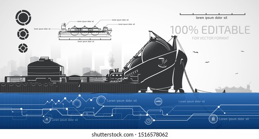 Liquefied gas terminal and tanker on the pier.