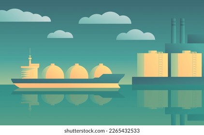 Liquefied natural gas terminal illustration - transportation and distribution , sea port and transporting ship