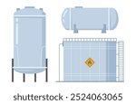 Liquefied petroleum gas reservoirs for domestic or industrial usage. Vector isolated set of containers for storage of petroleum in stations. Cylinder or tank with label of caution or danger