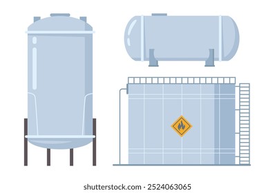 Reservatórios de gás de petróleo liquefeito para uso doméstico ou industrial. Conjunto isolado vetorial de recipientes para armazenamento de petróleo em estações. Cilindro ou tanque com rótulo de cuidado ou perigo