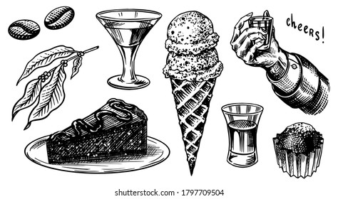 Liqueur dessert. Hand with a glass shot. Cheers toast. Ice cream and cake, glass with alcoholic drink. Engraved hand drawn vintage sketch. Woodcut style. Vector illustration for menu or poster.