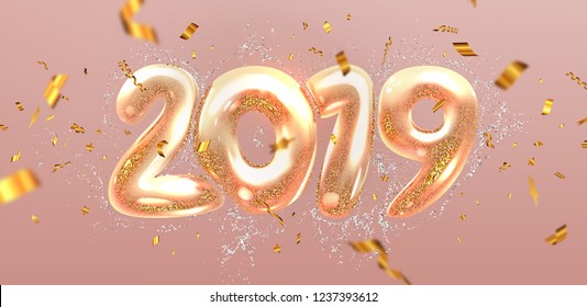 Liquid 2019 New Year with gold glitter and confetti for bright holiday banners, posters, placards and covers design. Eps10 vector illustration