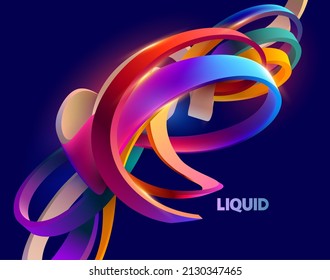 Liquid 3D geometric shapes. Colorful curved rings on dark blue background. Abstract design element.