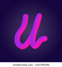 Liquid 3d plastic pink and proton purple gradient letter U isolated on ultraviolet background. Vector of bubble twisted font.