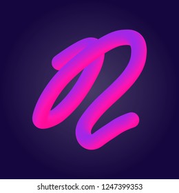 Liquid 3d plastic pink and proton purple gradient letter N isolated on ultraviolet background. Vector of bubble twisted font.