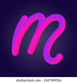 Liquid 3d plastic pink and proton purple gradient letter M isolated on ultraviolet background. Vector of bubble twisted font.