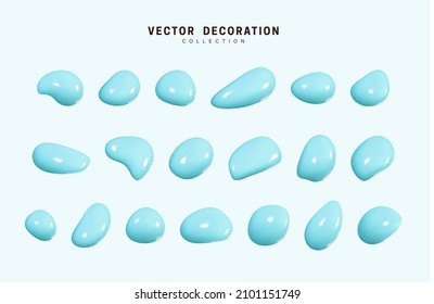 Liquid 3d Shapes blue in color. Set isolated liquid elements of turquoise shade. Realistic cream Paint splash fluid. Vector illustration