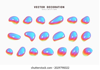 Liquid 3d Shapes with hologram gradient in color. Set isolated liquid elements of holographic chameleon design palette. Abstract bright colorful paint splash fluid. Vector illustration