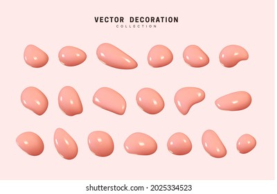 Liquid 3d Shapes pink in color. Set isolated liquid elements of beige shade. Realistic cream Paint splash fluid. Vector illustration