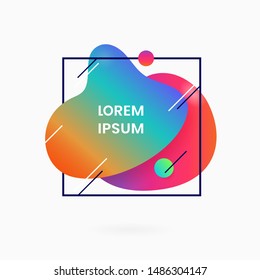 Liquid 80s style abstract geometric badge background with square frame line element. Retro color gradient fluid dynamic shape vector illustration for social media poster banner template