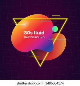 Liquid 80s style abstract geometric badge background with glowing triangle frame line element. Retro color gradient fluid dynamic shape vector illustration for social media poster banner template