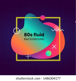 Liquid 80s style abstract geometric badge background with glowing square frame memphis element. Retro color gradient fluid dynamic shape vector illustration for social media poster banner template