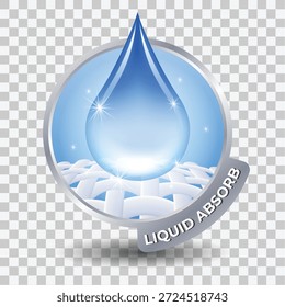 Icono de insignia de absorción de líquido. Grande gota azul brillante en tela tejida. Simboliza una alta absorción y retención de humedad. Perfecto para pañales, toallas y compresas sanitarias.