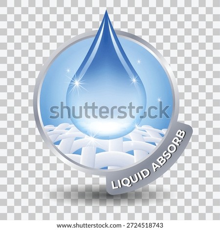 Liquid absorb badge icon. Large shiny blue droplet on woven fabric. Symbolizes high absorbency and moisture retention. Perfect for diapers, towels, and sanitary pad packaging.