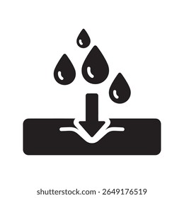 Liquid absorption icon with drops and a downward arrow for absorbent material moisture soaking and surface penetration analysis vector solid glyph icon