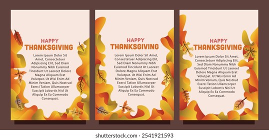 Liquid Abstract Background Thanksgiving Card with Fall Leaves Design. print size set of thansgiving card template concept. liquid abstract background with autumn leaves vector illustration