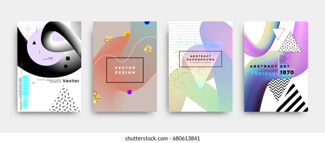 Liquid abstract covers set with hipster and memphis geometric futuristic elements. Applicable for placards, brochures, posters, covers and banners. Vector illustrations.