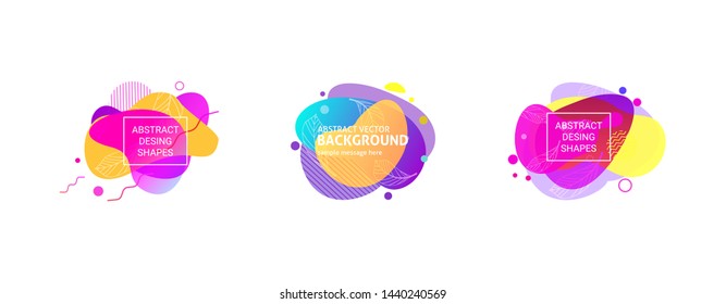 Liquid abstract element set. Blue, purple, yellow, pink, violet fluid forms with hatching, wavy lines and leaf contours. Transparent layers, paper style. Vector template for flyers, posters, logos