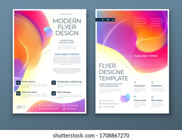 Liquid Abstract Flyer Design. Fluid Dynamic Graphic Element for Modern Brochure, Banner, Poster, Flyer or Presentation Template with Line Pattern Background. Color Flow Flier Frame illustration.