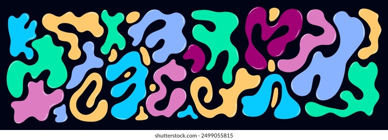 Liquid abstract, funky, retro, organic blob shapes. Wavy fluid, dynamic, colorful, elements, bubbles, and drops in trendy Y2K style. Perfect for liquid abstract, funky, retro, organic blob shapes proj