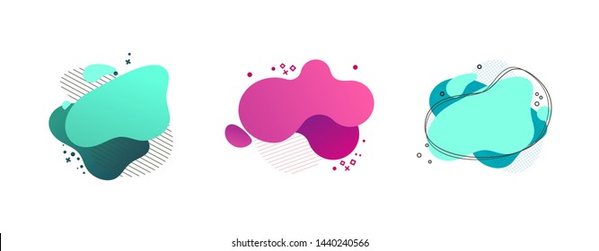 Liquid abstract geometric shape set. Cyan, green, pink blobs, hatched and dotted elements, wavy lines. Flowing splashes, fluid forms. Vector illustration for banner, poster, logo, flyer design