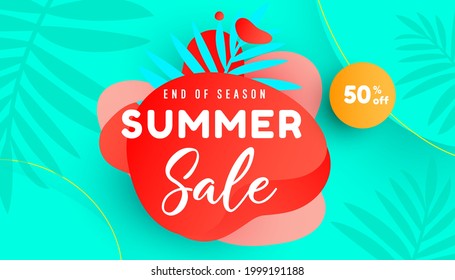 Liquid abstract geometric shape with tropical leaves and bubble forms in trendy bright colors. Promotion banner for website, flyer and poster. Vector illustration