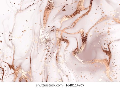 Liquid abstract marble painting background print and rose gold glitter splatter texture 