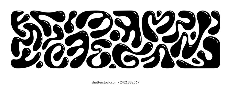 Liquid abstract organic blob shapes set. Wavy elements bubbles and drops in trendy y2k style in black and white colors. Vector illustrations isolated on white background.