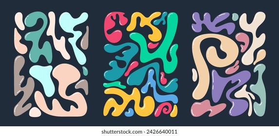 Liquid abstract organic blob shapes set. Trend wavy elements bubbles, drops in trendy y2k style. Template poster card template design bright streamlined shape. Childish colored vector illustrations.