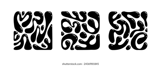 Liquid abstract organic blob shapes background set. Wavy elements bubbles and drops in trendy y2k style in black and white colors. Vector isolated illustrations. Poster card template design.