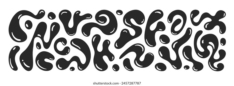 Liquid abstract organic blob shapes. Vector flat illustration. Black wavy bubbles and drops in trendy y2k style.