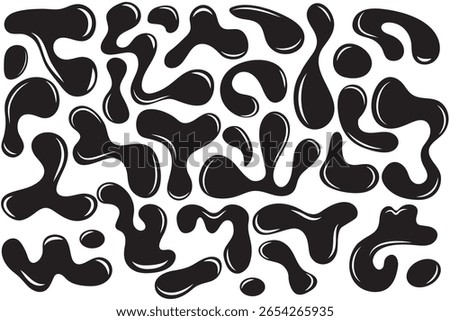 Liquid abstract organic blob shapes. Vector flat illustration. Black wavy bubbles and drops in trendy y2k style.