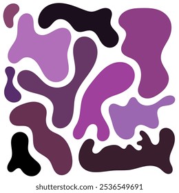 Liquid abstract organic flat blob shapes, silhouettes. Fluid elements in purple tones. Bubbles and drops in trendy y2k style. Spots, drops set.